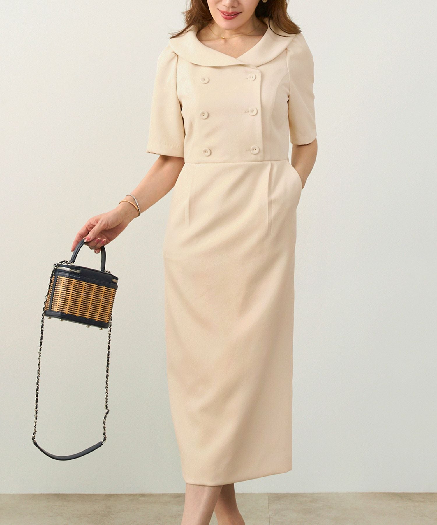 SUMMER-SALE へちま襟 ダブル釦 ワンピース Liala×PG 全3色｜lpg321