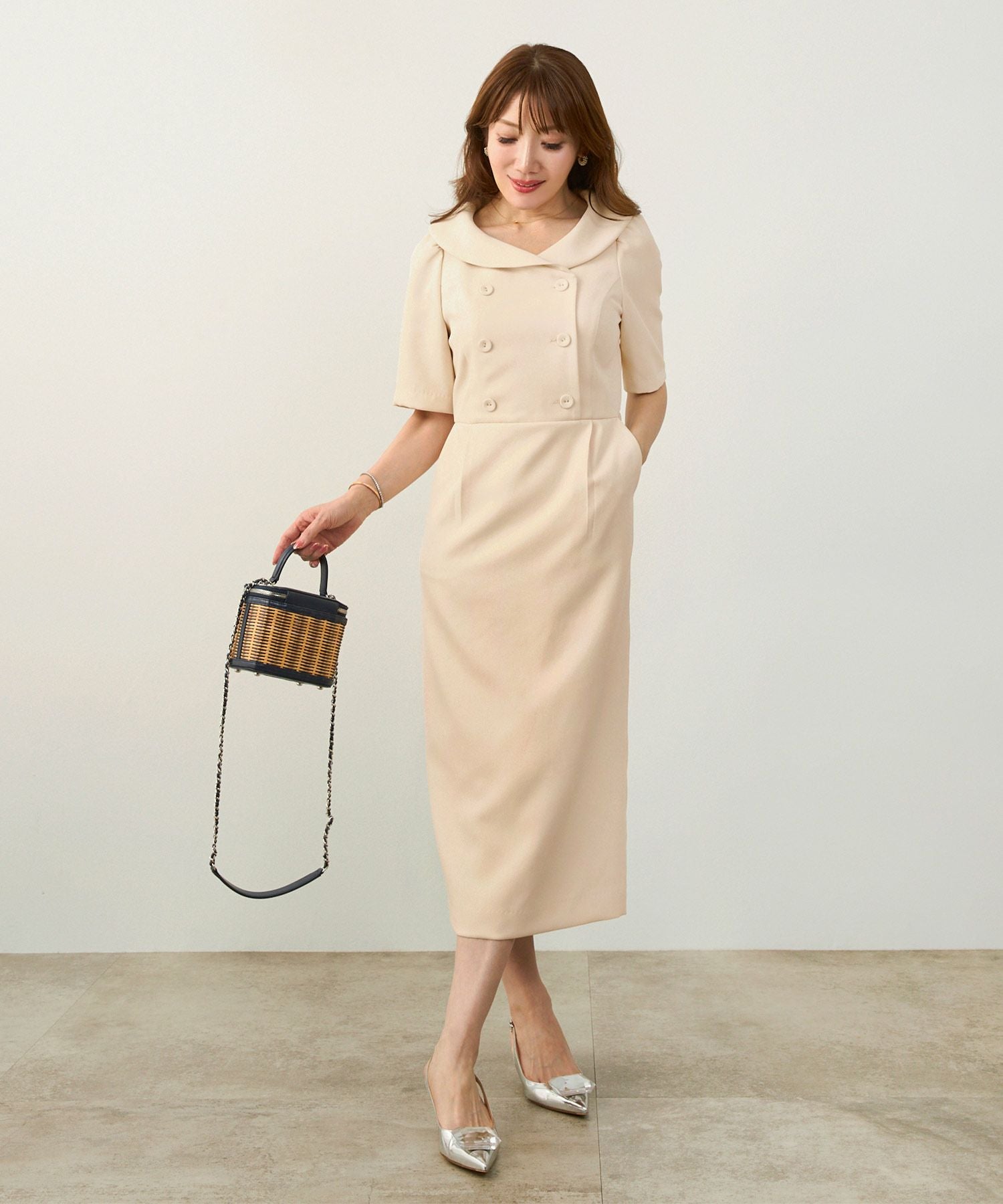 SUMMER-SALE へちま襟 ダブル釦 ワンピース Liala×PG 全3色｜lpg321