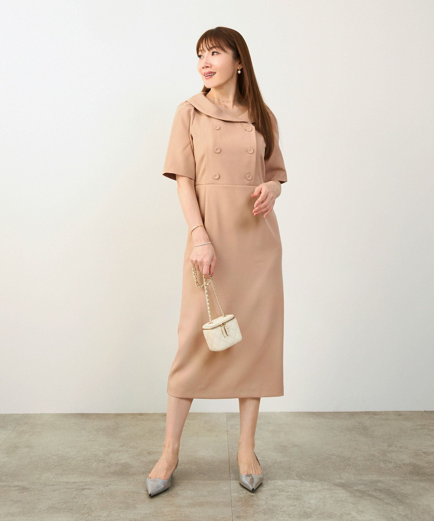 SPRING-SALE へちま襟 ダブル釦 ワンピース Liala×PG 全3色｜lpg321