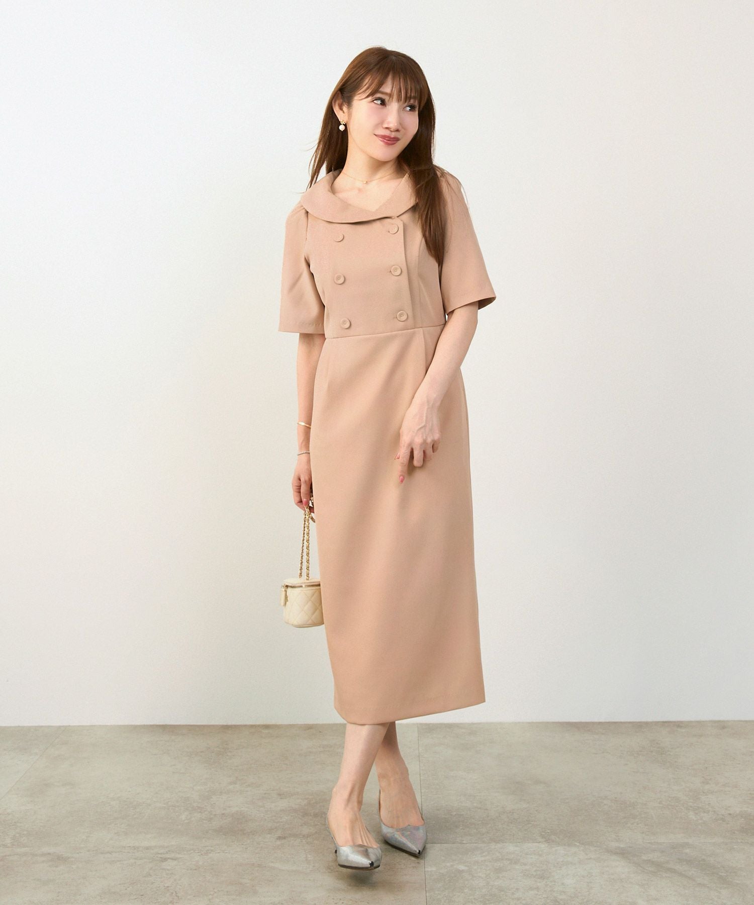 SUMMER-SALE へちま襟 ダブル釦 ワンピース Liala×PG 全3色｜lpg321