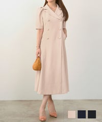 手洗い可オケージョン袖山タックパフ袖フレアおしゃれフェミニンナチュラル上品大人可愛いきれいめ夏ジョイントスペース ピークドラペル ダブル釦 ワンピース Liala×PG