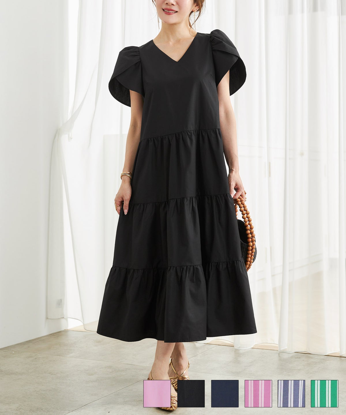 手洗い可Vネック袖山ギャザーフレアおしゃれフェミニンナチュラル上品大人可愛いきれいめ体型カバー夏ジョイントスペース ストライプ チューリップ袖 ティアード ワンピース Liala×PG