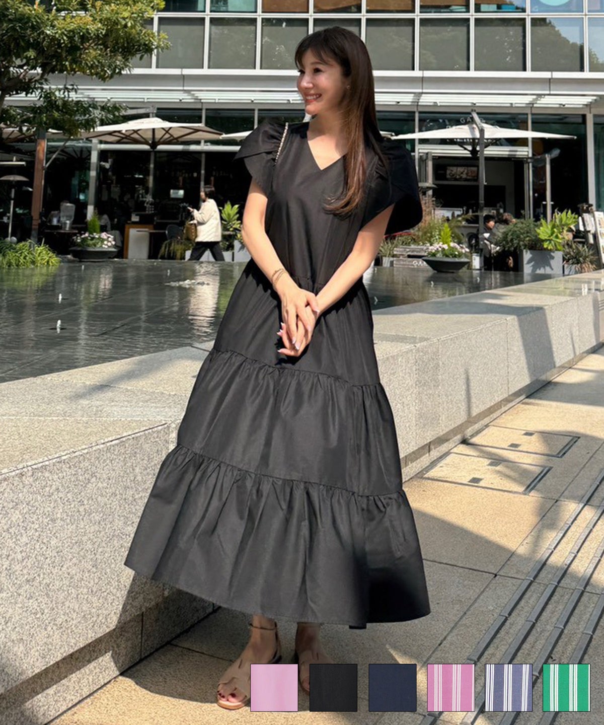 手洗い可Vネック袖山ギャザーフレアおしゃれフェミニンナチュラル上品大人可愛いきれいめ体型カバー夏ジョイントスペース ストライプ チューリップ袖 ティアード ワンピース Liala×PG