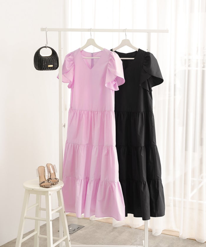 手洗い可Vネック袖山ギャザーフレアおしゃれフェミニンナチュラル上品大人可愛いきれいめ体型カバー夏ジョイントスペース