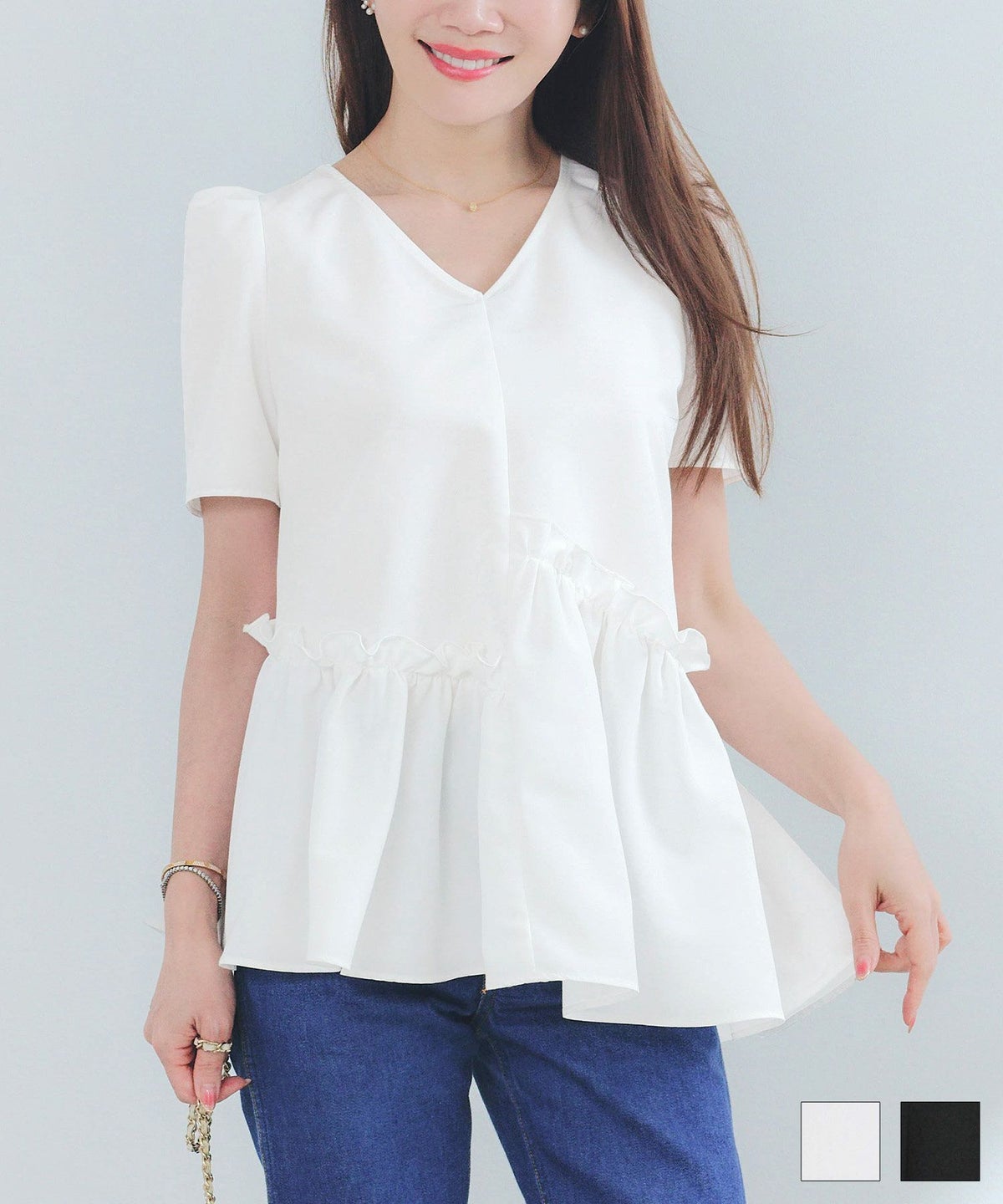 手洗い可Vネック上品きれいめエレガントフォーマルオフィスカジュアルフレアフリル体型カバーフェミニンジョイントスペース スラッシュ 切り替え ペプラム ブラウス Liala×PG