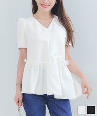 手洗い可Vネック上品きれいめエレガントフォーマルオフィスカジュアルフレアフリル体型カバーフェミニンジョイントスペース スラッシュ 切り替え ペプラム ブラウス Liala×PG