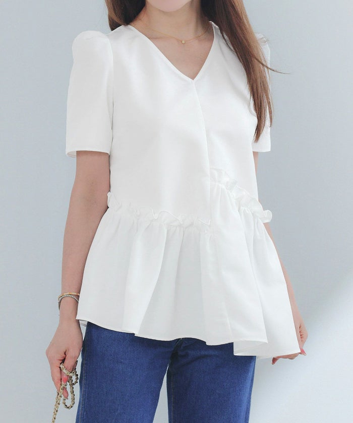 手洗い可Vネック上品きれいめエレガントフォーマルオフィスカジュアルフレアフリル体型カバーフェミニンジョイントスペース