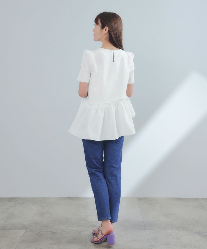 手洗い可Vネック上品きれいめエレガントフォーマルオフィスカジュアルフレアフリル体型カバーフェミニンジョイントスペース