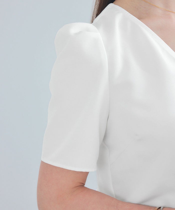 手洗い可Vネック上品きれいめエレガントフォーマルオフィスカジュアルフレアフリル体型カバーフェミニンジョイントスペース