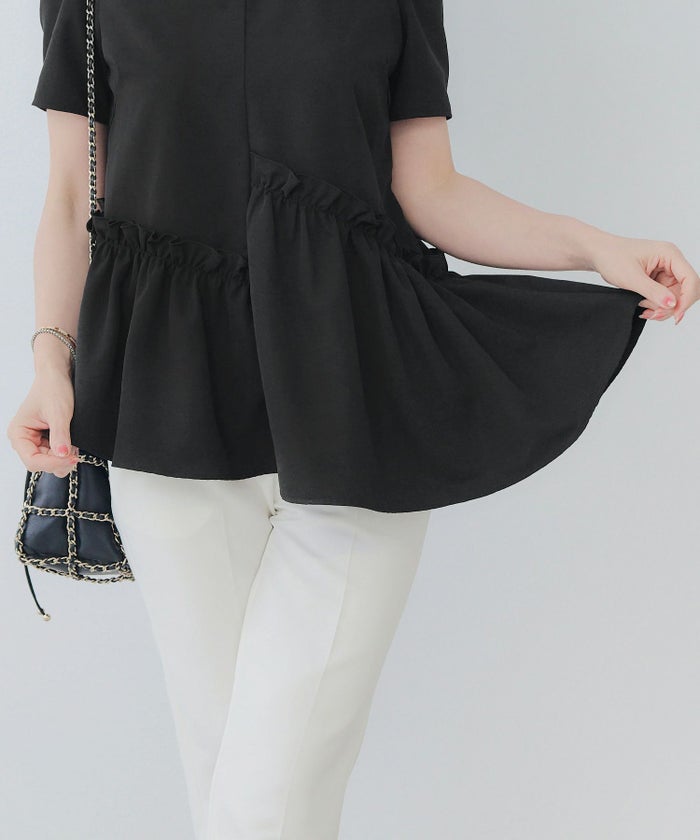 手洗い可Vネック上品きれいめエレガントフォーマルオフィスカジュアルフレアフリル体型カバーフェミニンジョイントスペース