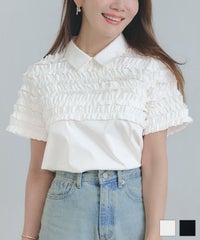 手洗い可ラウンドヘムスリット上品きれいめエレガントフォーマルオフィスカジュアルフェミニンジョイントスペース ホイップフリル 襟付き ブラウス Liala×PG