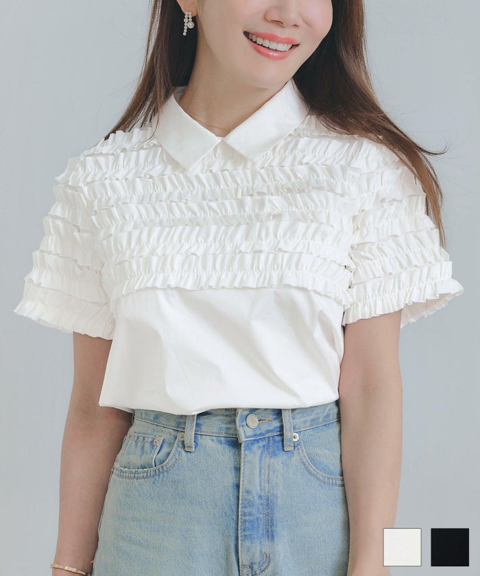 手洗い可ラウンドヘムスリット上品きれいめエレガントフォーマルオフィスカジュアルフェミニンジョイントスペース ホイップフリル 襟付き ブラウス Liala×PG