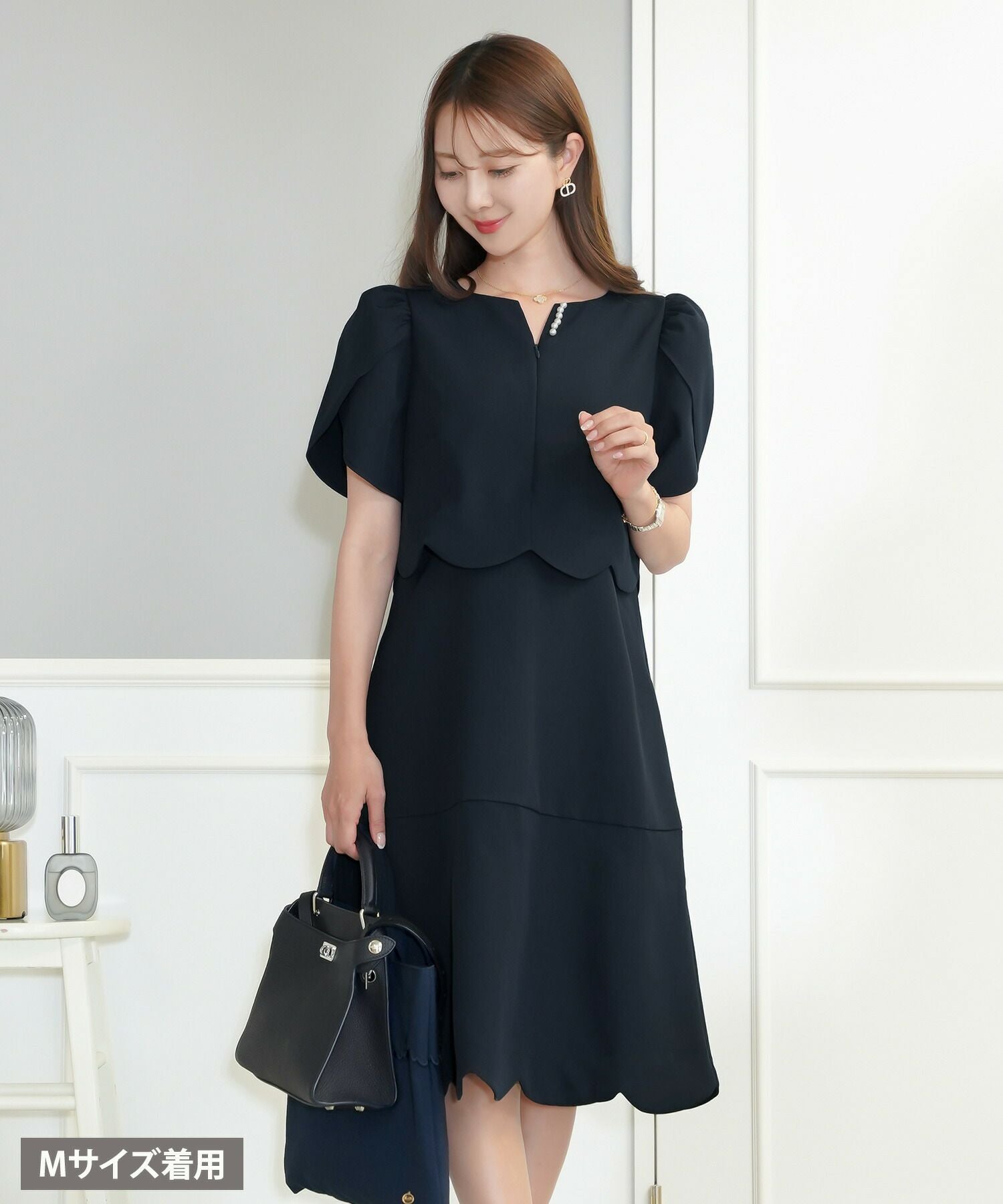 フロントファスナー スカラップ チューリップ袖 ワンピース le reve