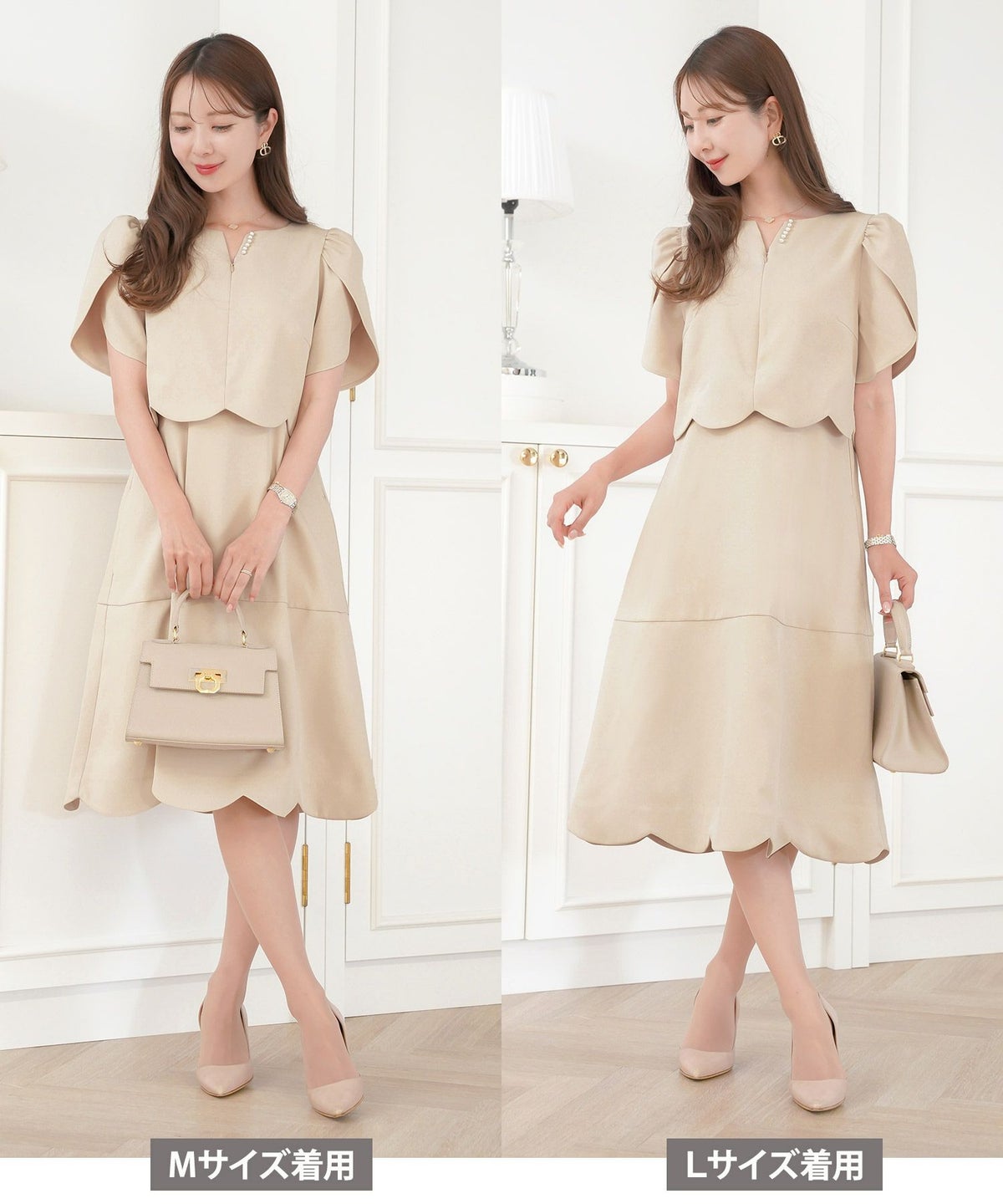 レディース/ワンピース/M/L/サイズ展開/スカラップ/セパレート風/膝丈/膝下丈/半袖/チューリップスリーブ/フレア/ゆとり/ゆったり/妊婦/産前産後/フロントファスナー/パール/授乳/ママ/授業参観/お宮参り/オケージョン/ピンクベージュ/ネイビー