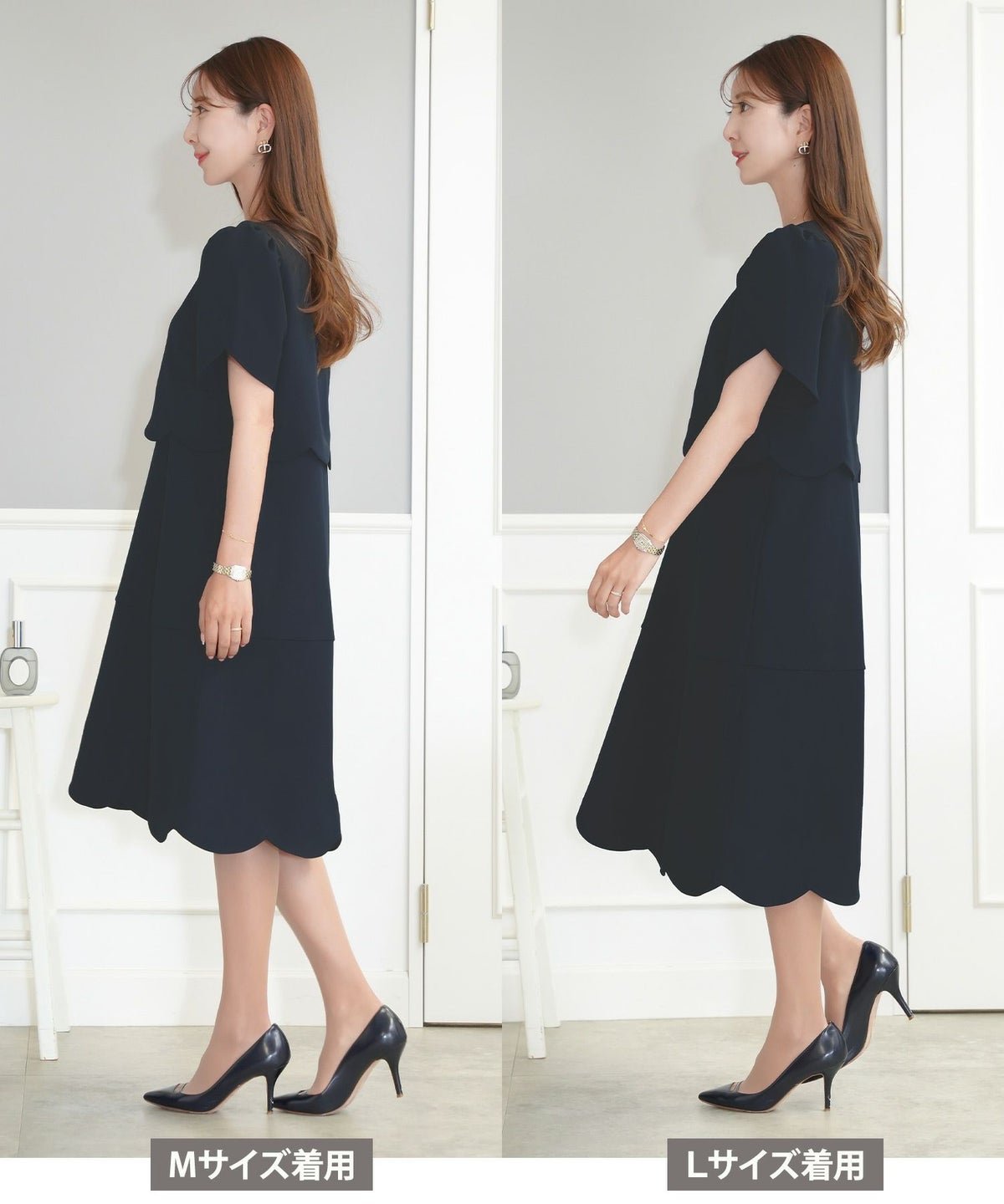 レディース/ワンピース/M/L/サイズ展開/スカラップ/セパレート風/膝丈/膝下丈/半袖/チューリップスリーブ/フレア/ゆとり/ゆったり/妊婦/産前産後/フロントファスナー/パール/授乳/ママ/授業参観/お宮参り/オケージョン/ピンクベージュ/ネイビー