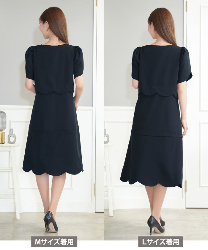 レディース/ワンピース/M/L/サイズ展開/スカラップ/セパレート風/膝丈/膝下丈/半袖/チューリップスリーブ/フレア/ゆとり/ゆったり/妊婦/産前産後/フロントファスナー/パール/授乳/ママ/授業参観/お宮参り/オケージョン/ピンクベージュ/ネイビー