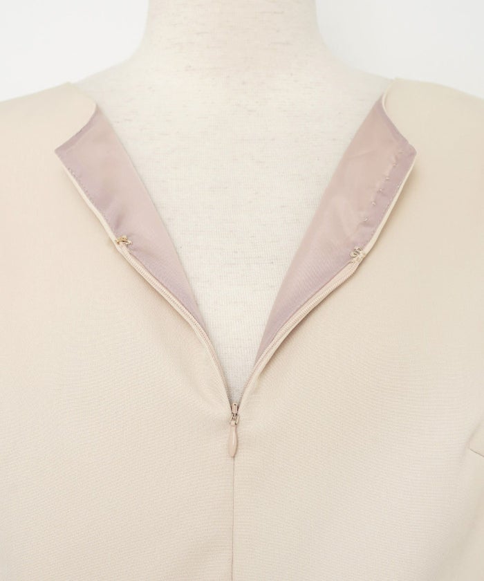 レディース/ワンピース/M/L/サイズ展開/スカラップ/セパレート風/膝丈/膝下丈/半袖/チューリップスリーブ/フレア/ゆとり/ゆったり/妊婦/産前産後/フロントファスナー/パール/授乳/ママ/授業参観/お宮参り/オケージョン/ピンクベージュ/ネイビー