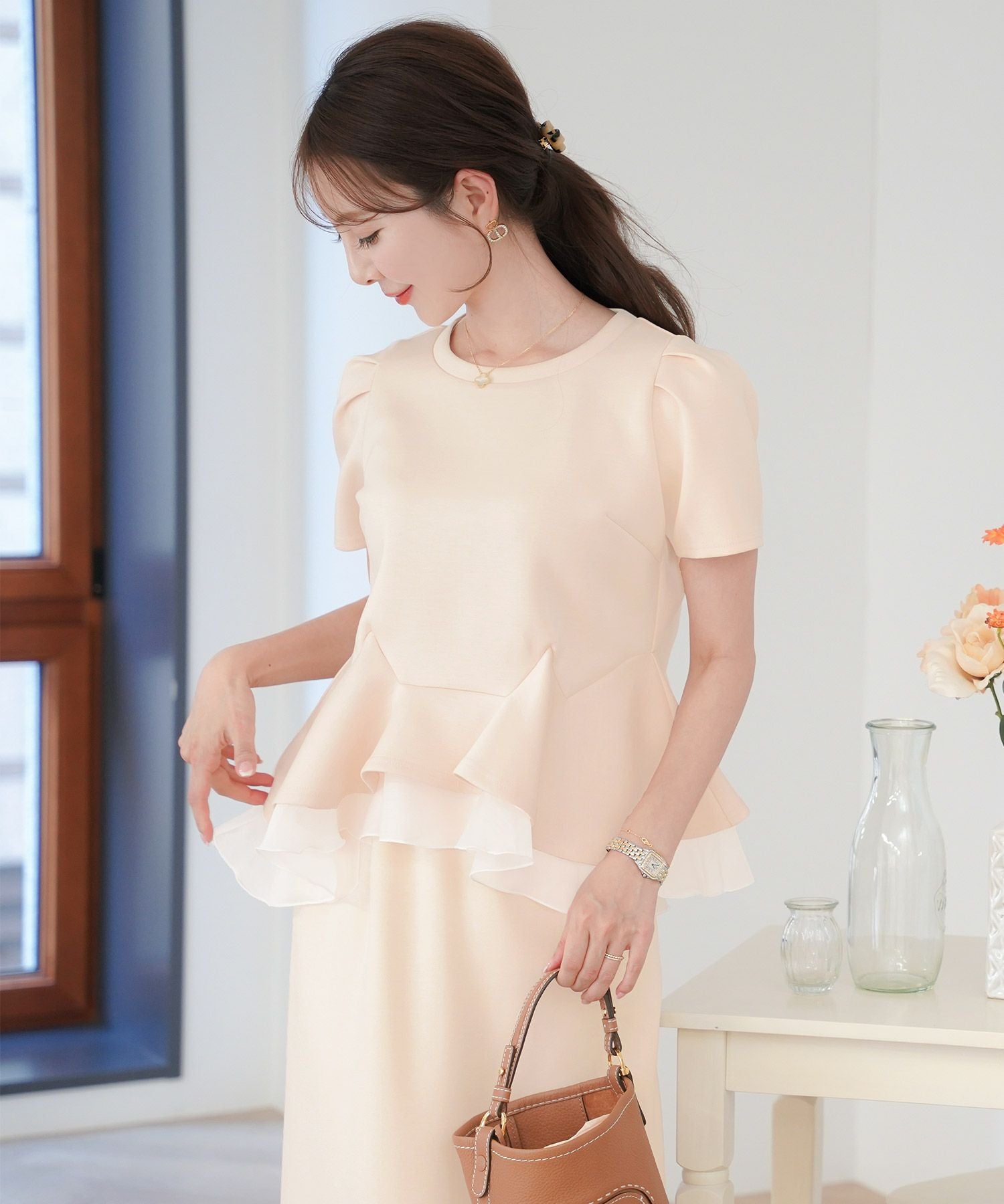 ダンボールニット 半袖 ペプラム カットソー le reve vaniller 全3色