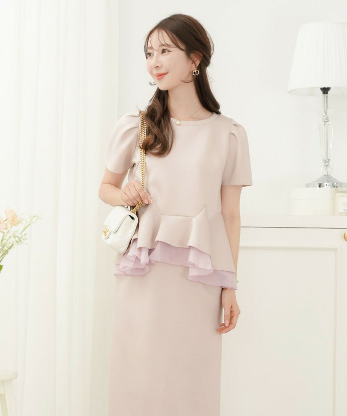 レディース/トップス/カットソー/ペプラム/ダンボールニット/もっちり/伸縮/シアー/オーガンジー/透け感/タック/イレヘム/アシメ/レイヤード/半袖/体型カバー/セットアップ/春/夏/秋/アイボリー/ダスティピンク/ネイビー/ピンク/配色/フェミニン/エレガント/上品/カジュアル