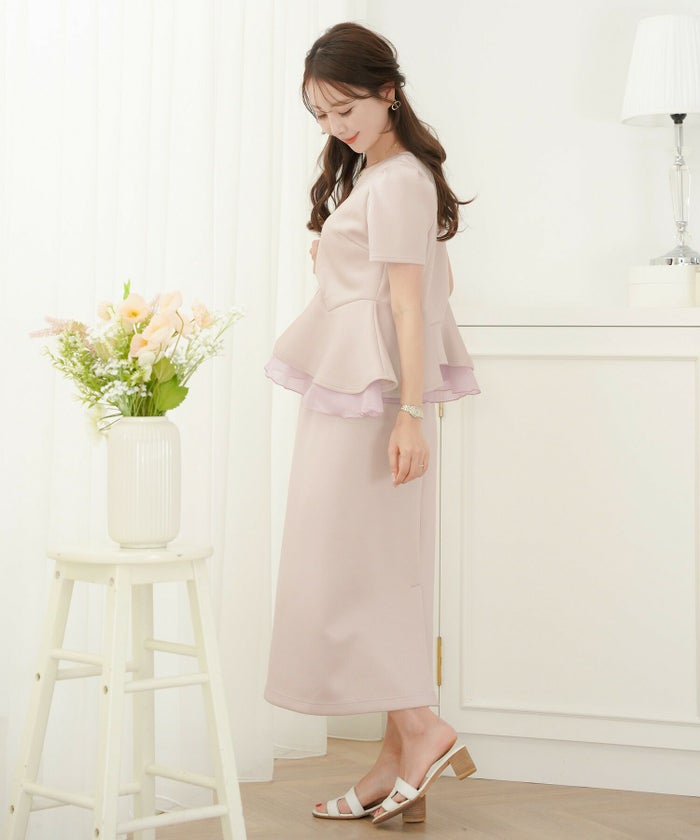 レディース/トップス/カットソー/ペプラム/ダンボールニット/もっちり/伸縮/シアー/オーガンジー/透け感/タック/イレヘム/アシメ/レイヤード/半袖/体型カバー/セットアップ/春/夏/秋/アイボリー/ダスティピンク/ネイビー/ピンク/配色/フェミニン/エレガント/上品/カジュアル