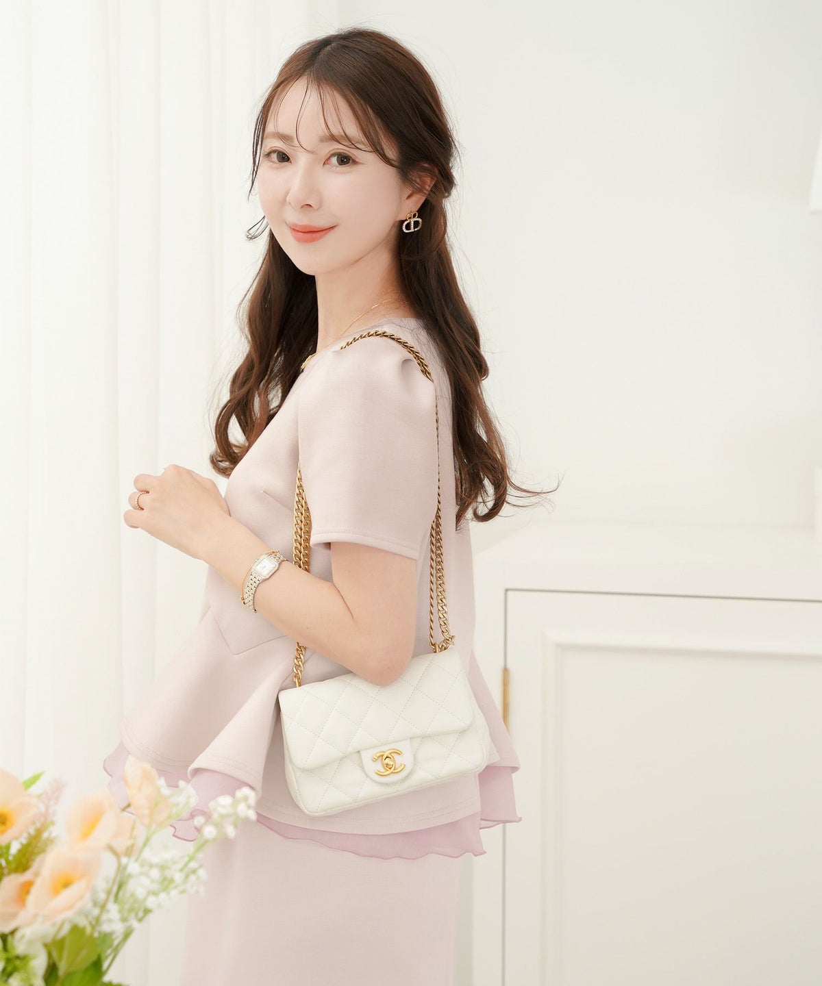 レディース/トップス/カットソー/ペプラム/ダンボールニット/もっちり/伸縮/シアー/オーガンジー/透け感/タック/イレヘム/アシメ/レイヤード/半袖/体型カバー/セットアップ/春/夏/秋/アイボリー/ダスティピンク/ネイビー/ピンク/配色/フェミニン/エレガント/上品/カジュアル