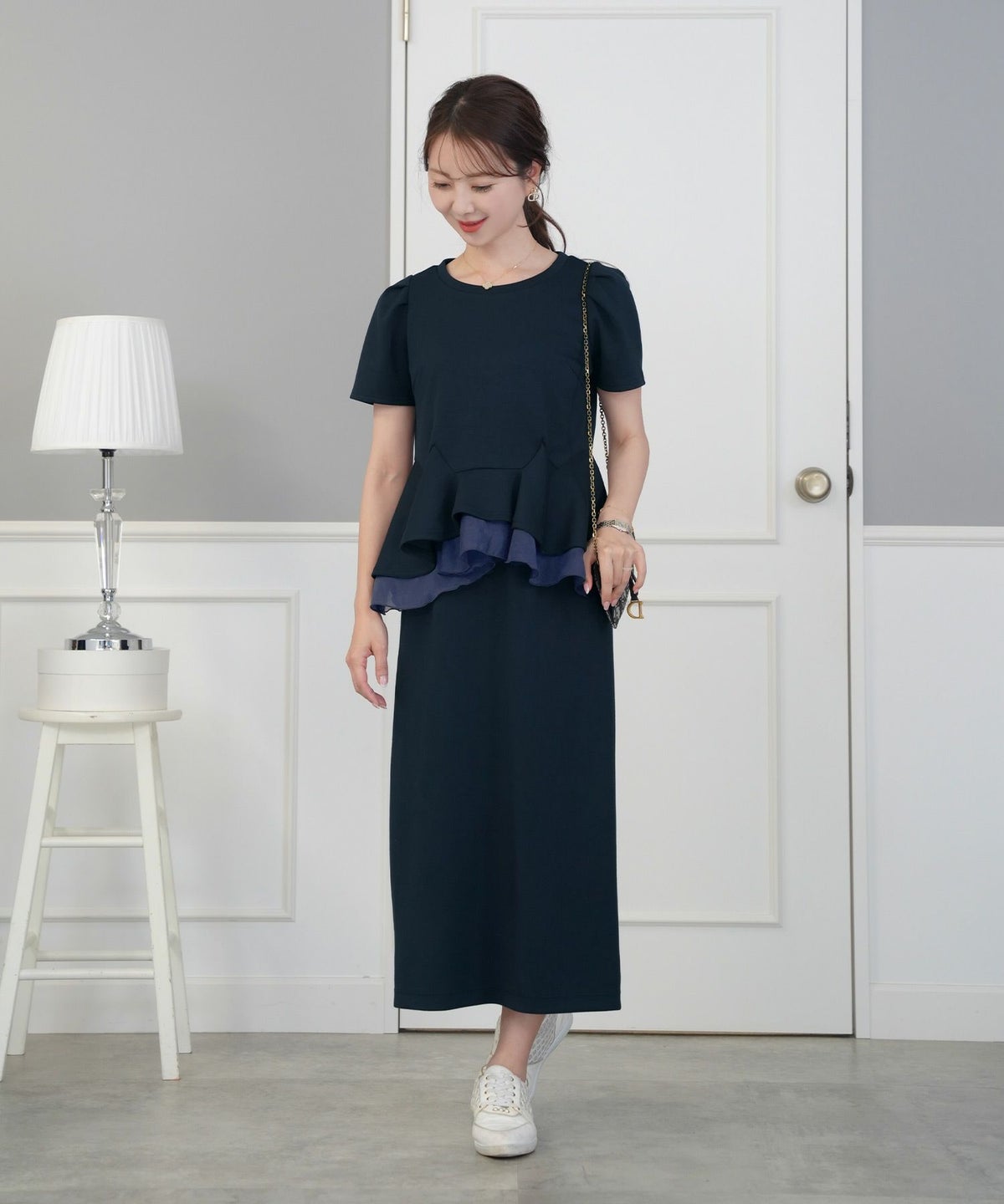 レディース/トップス/カットソー/ペプラム/ダンボールニット/もっちり/伸縮/シアー/オーガンジー/透け感/タック/イレヘム/アシメ/レイヤード/半袖/体型カバー/セットアップ/春/夏/秋/アイボリー/ダスティピンク/ネイビー/ピンク/配色/フェミニン/エレガント/上品/カジュアル