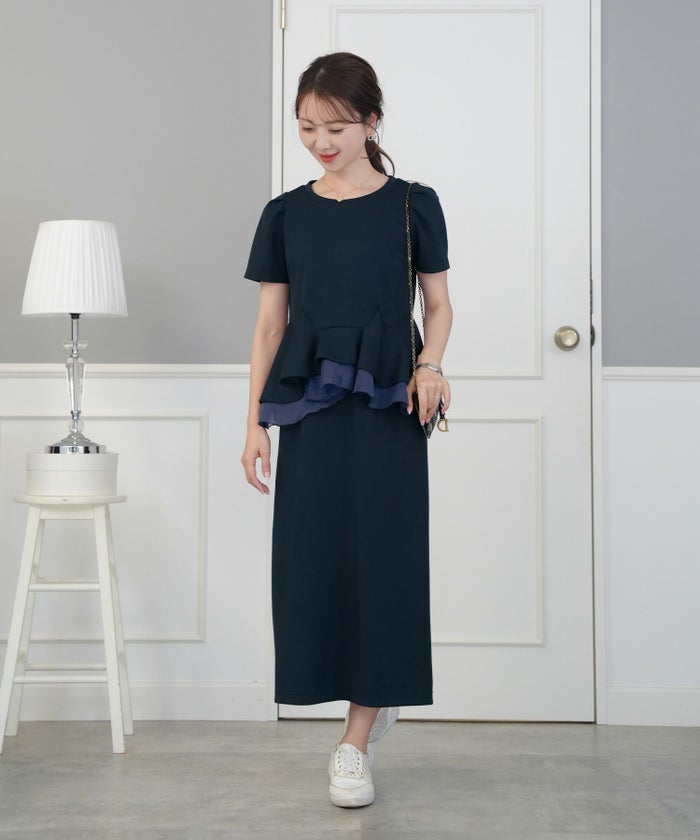 レディース/トップス/カットソー/ペプラム/ダンボールニット/もっちり/伸縮/シアー/オーガンジー/透け感/タック/イレヘム/アシメ/レイヤード/半袖/体型カバー/セットアップ/春/夏/秋/アイボリー/ダスティピンク/ネイビー/ピンク/配色/フェミニン/エレガント/上品/カジュアル