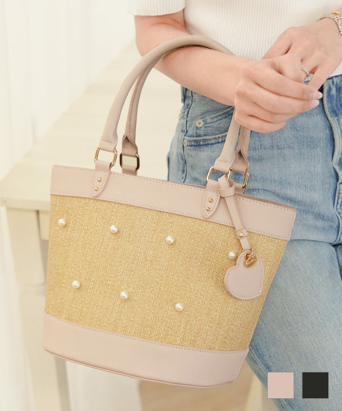 レディース 小物 バッグ バケット カゴ パール 合皮 ポケット ピンク ブラック 夏 春 ナチュラル エレガント フェミニン 上品 可愛い 大人 ハート チャーム ストラップ ハートチャーム付き パールスタッズ カゴバッグ le reve vaniller