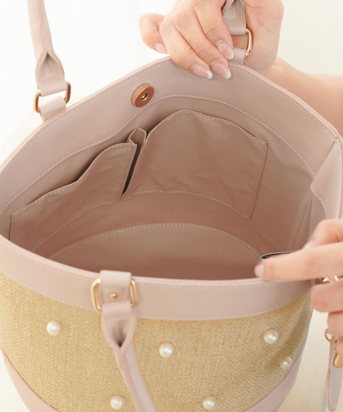 レディース/小物/バッグ/バケット/カゴ/パール/合皮/ポケット/ピンク/ブラック/夏/春/ナチュラル/エレガント/フェミニン/上品/可愛い/大人/ハート/チャーム/ストラップ