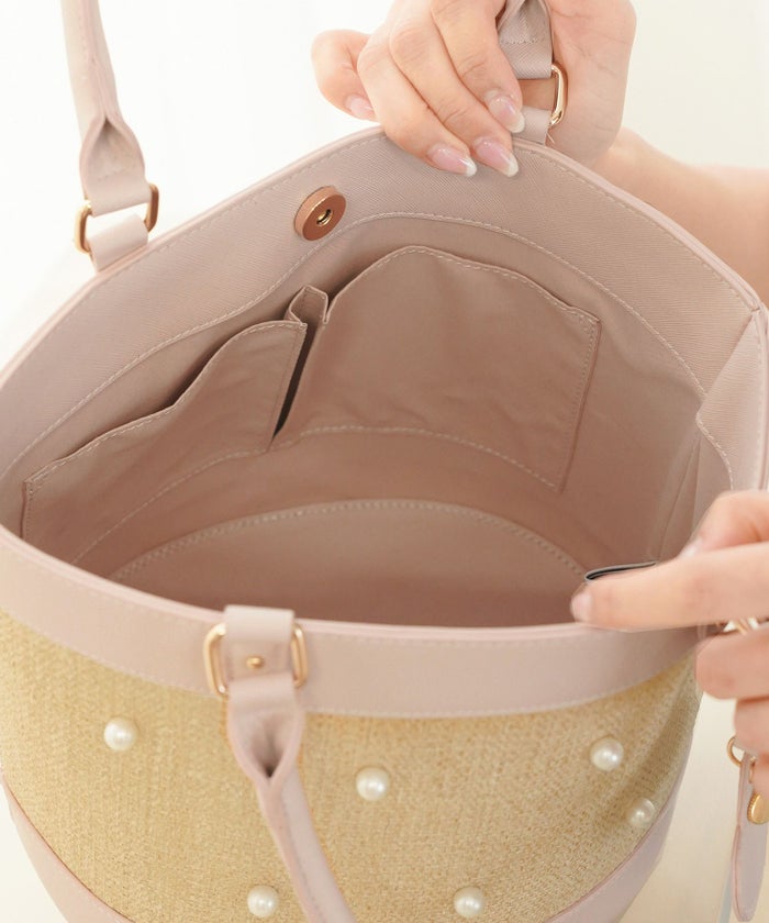 レディース/小物/バッグ/バケット/カゴ/パール/合皮/ポケット/ピンク/ブラック/夏/春/ナチュラル/エレガント/フェミニン/上品/可愛い/大人/ハート/チャーム/ストラップ