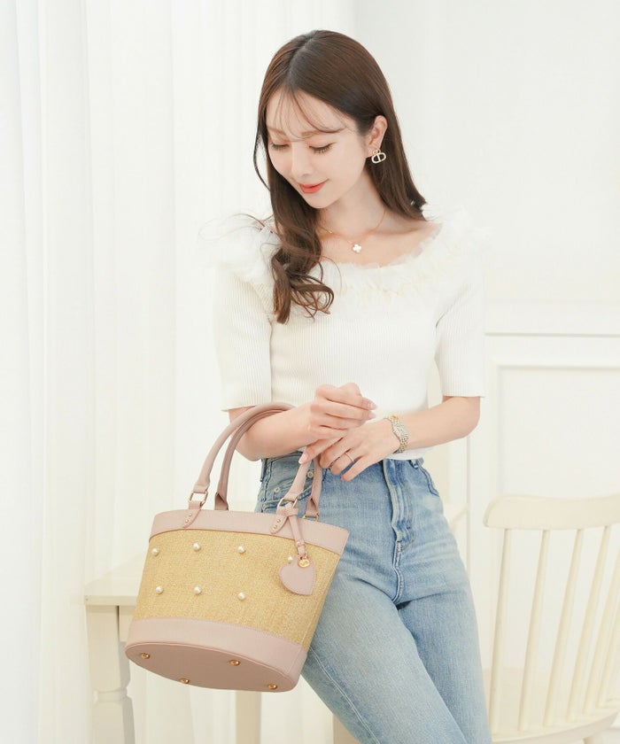 レディース/小物/バッグ/バケット/カゴ/パール/合皮/ポケット/ピンク/ブラック/夏/春/ナチュラル/エレガント/フェミニン/上品/可愛い/大人/ハート/チャーム/ストラップ