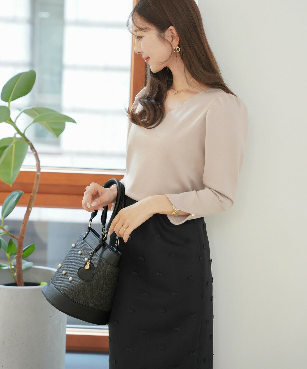 レディース/小物/バッグ/バケット/カゴ/パール/合皮/ポケット/ピンク/ブラック/夏/春/ナチュラル/エレガント/フェミニン/上品/可愛い/大人/ハート/チャーム/ストラップ