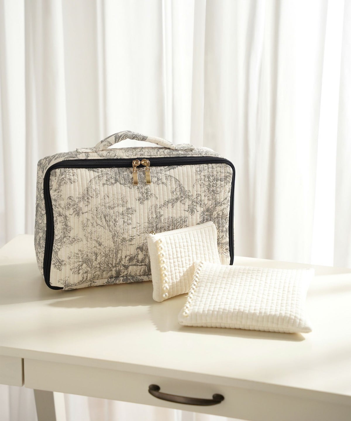 ポーチ パール トワルドジュイ ヌビ 韓国 トラベルポーチ ベージュ チャコール ピンクジュイ柄 グレージュイ柄 パールトリム