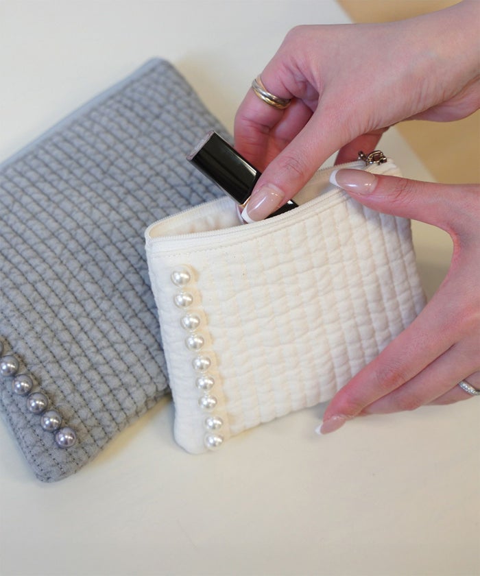 ポーチ パール ヌビ 韓国 アイボリー グレー チャコール ブラック パールトリム フラット ミニ