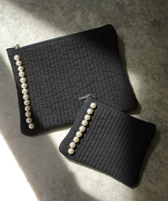 ポーチ パール ヌビ 韓国 アイボリー グレー チャコール ブラック パールトリム フラット ミニ