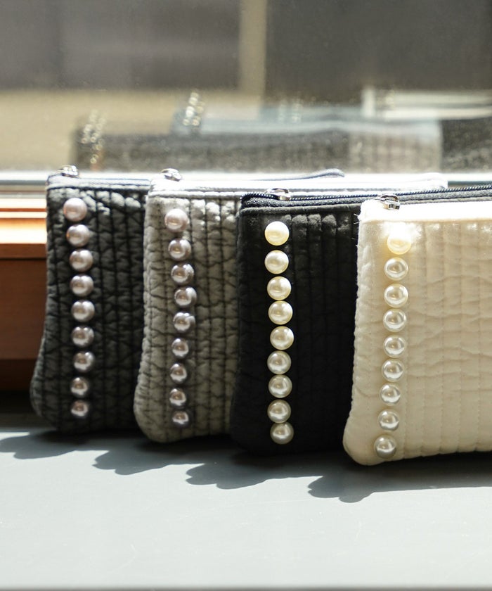 ポーチ パール ヌビ 韓国 アイボリー グレー チャコール ブラック パールトリム フラット ミニ