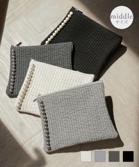 ポーチ パール ヌビ 韓国 アイボリー グレー チャコール ブラック パールトリム フラット ミドルサイズ パールトリム フラット ヌビ ポーチ middle HUIT