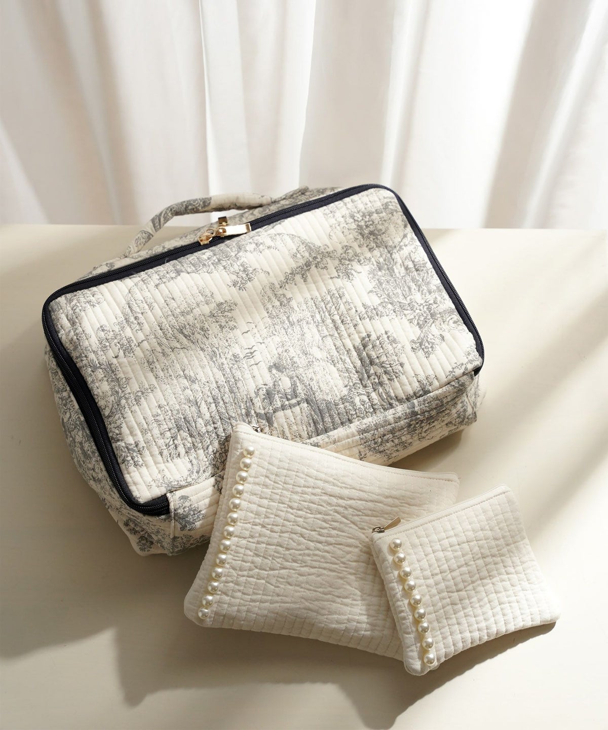 ポーチ パール ヌビ 韓国 アイボリー グレー チャコール ブラック パールトリム フラット ミドル