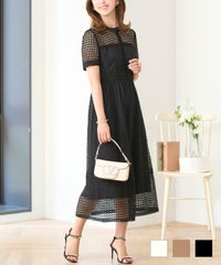 ワンピース レディース 総レース ドット 半袖 春夏 フィット&フレア 白黒 ブラウン ジョイントスペース レースコンビ シアー ワンピース Prima Scherrer