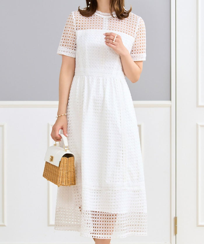 ワンピースレディース総レースドット半袖春夏フィット&フレア白黒ブラウンジョイントスペース