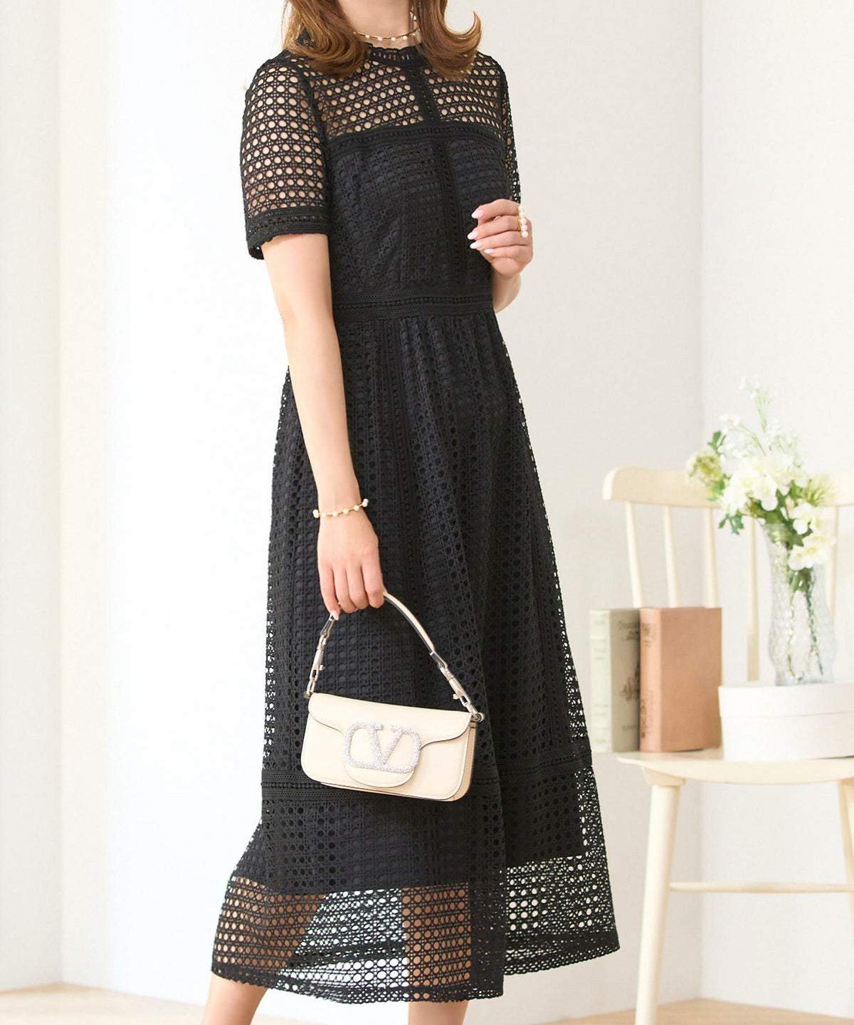 ワンピースレディース総レースドット半袖春夏フィット&フレア白黒ブラウンジョイントスペース