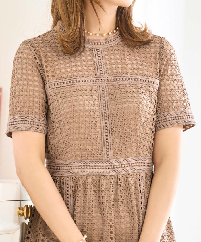 ワンピースレディース総レースドット半袖春夏フィット&フレア白黒ブラウンジョイントスペース