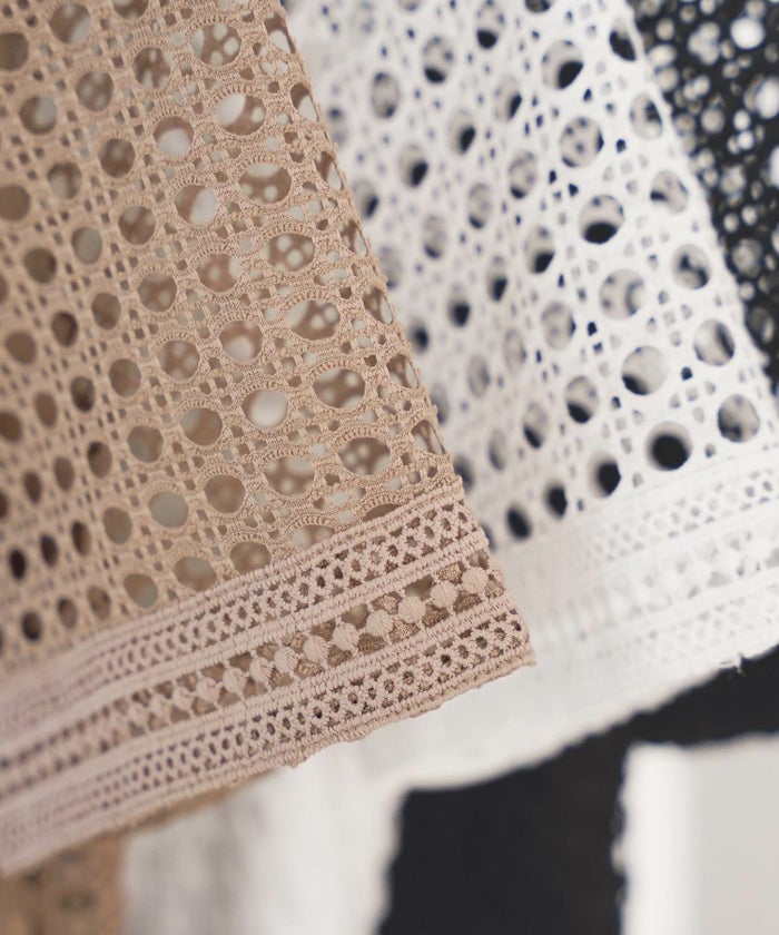 ワンピースレディース総レースドット半袖春夏フィット&フレア白黒ブラウンジョイントスペース