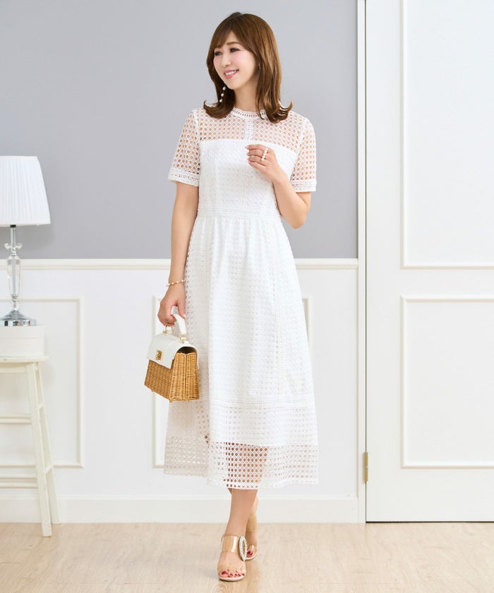 ワンピースレディース総レースドット半袖春夏フィット&フレア白黒ブラウンジョイントスペース