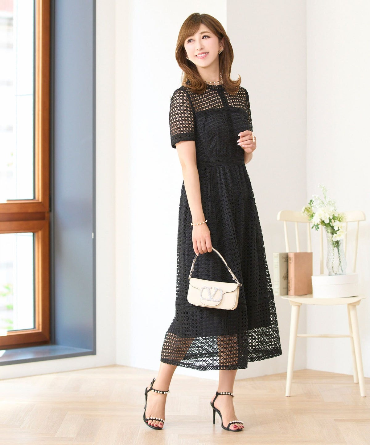 ワンピースレディース総レースドット半袖春夏フィット&フレア白黒ブラウンジョイントスペース