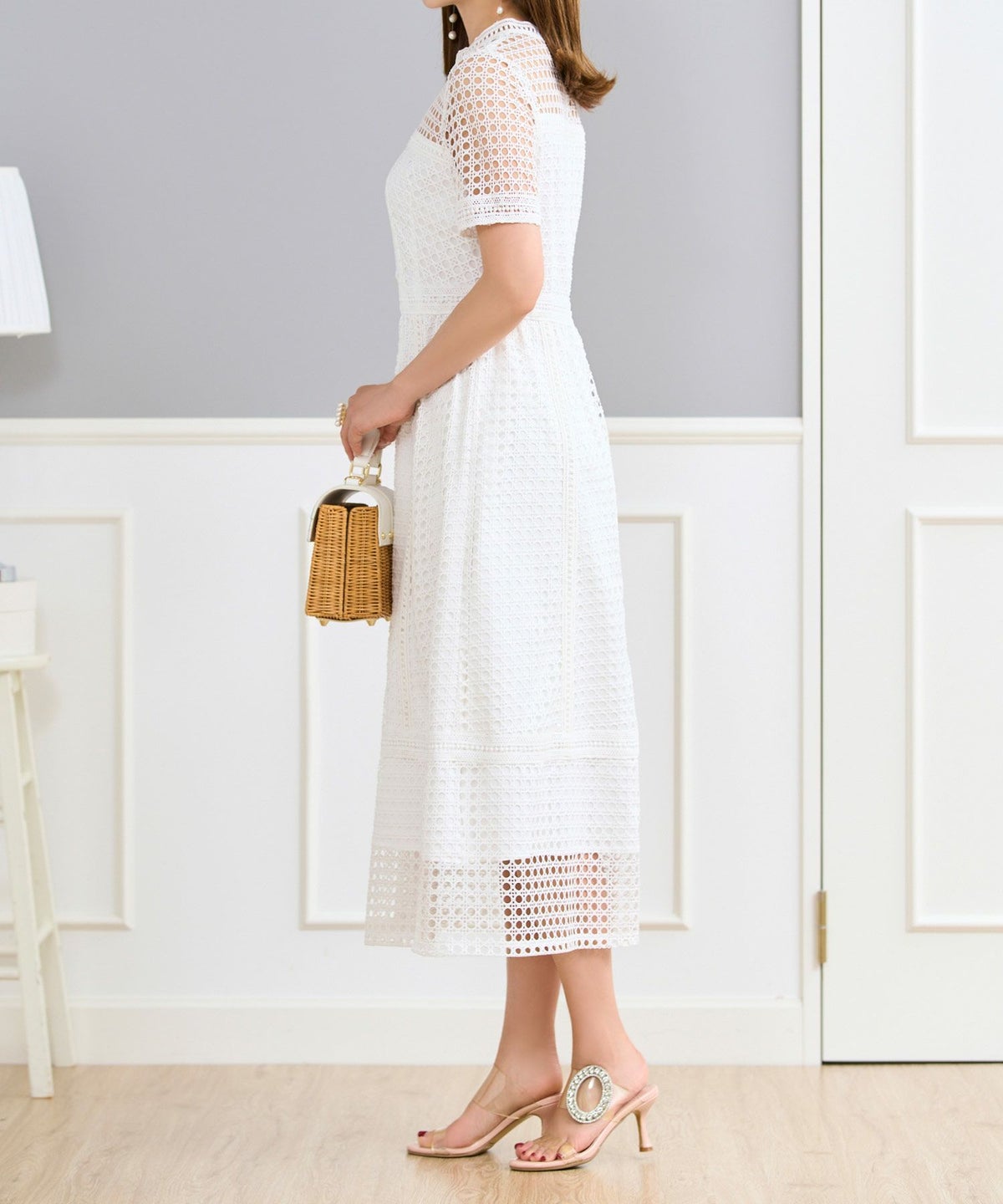 ワンピースレディース総レースドット半袖春夏フィット&フレア白黒ブラウンジョイントスペース