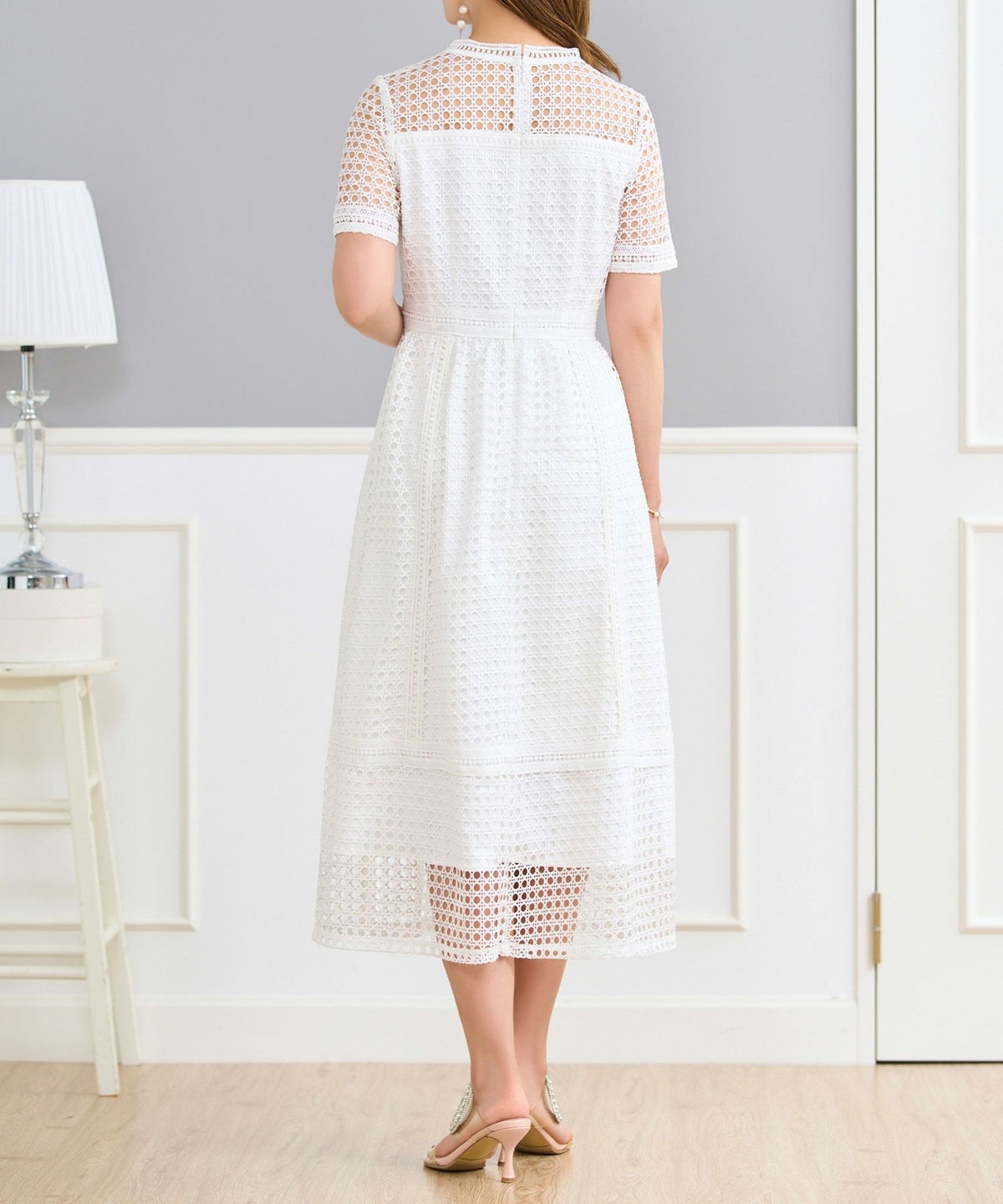 ワンピースレディース総レースドット半袖春夏フィット&フレア白黒ブラウンジョイントスペース