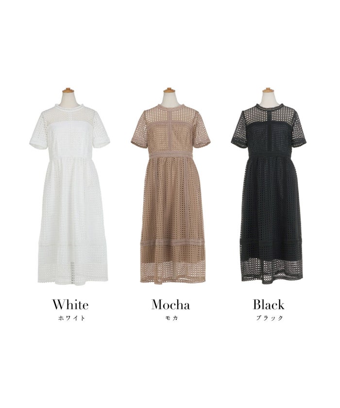 ワンピースレディース総レースドット半袖春夏フィット&フレア白黒ブラウンジョイントスペース