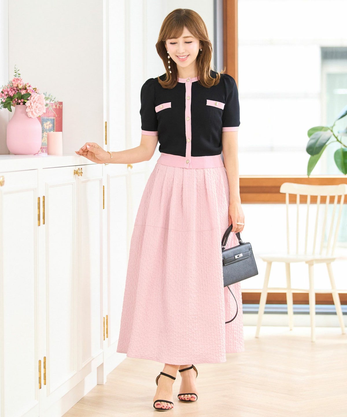 ワンピースレディース春夏秋ピンクロングマキシノースリーブ上品かわいいきれいめオフィスフィット&フレアジョイントスペース