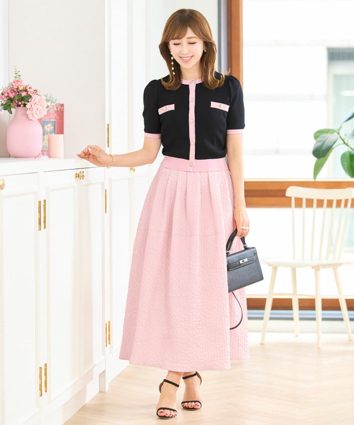 ワンピースレディース春夏秋ピンクロングマキシノースリーブ上品かわいいきれいめオフィスフィット&フレアジョイントスペース